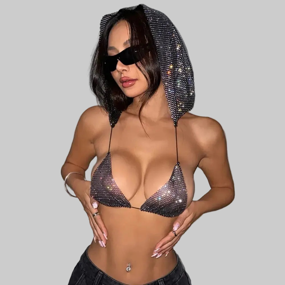 Rhinestone Mesh Hooded Crop Top - Deep V-Neck Backless