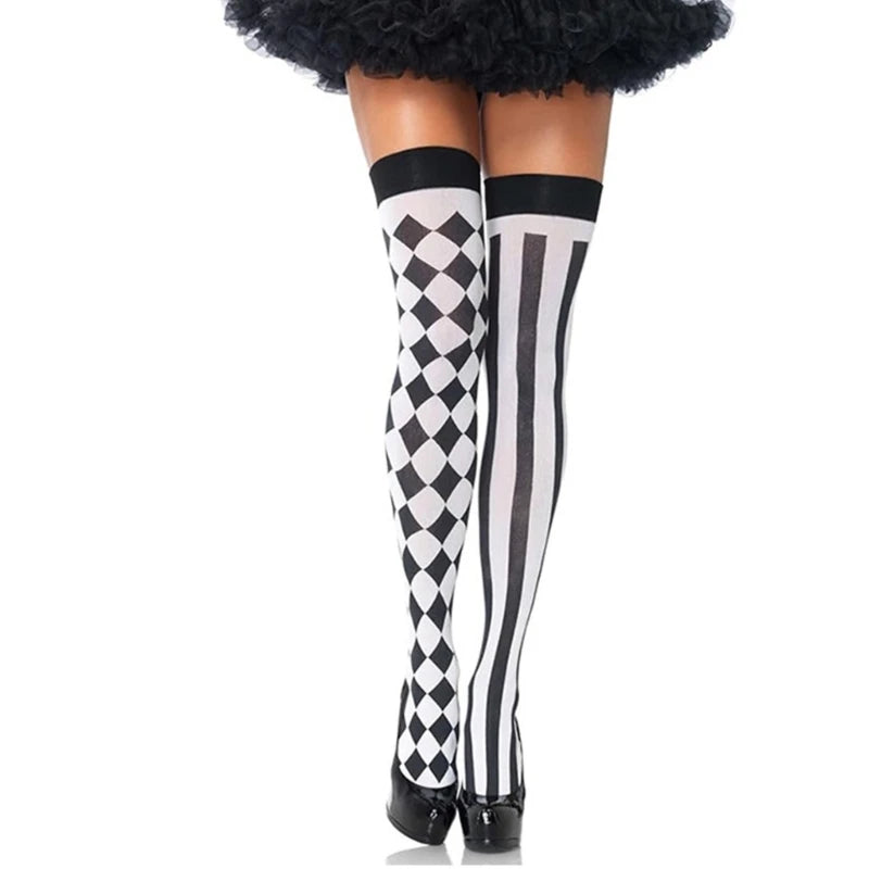 Harlequin Diamond Thigh-High Stockings | Black & White | One Size