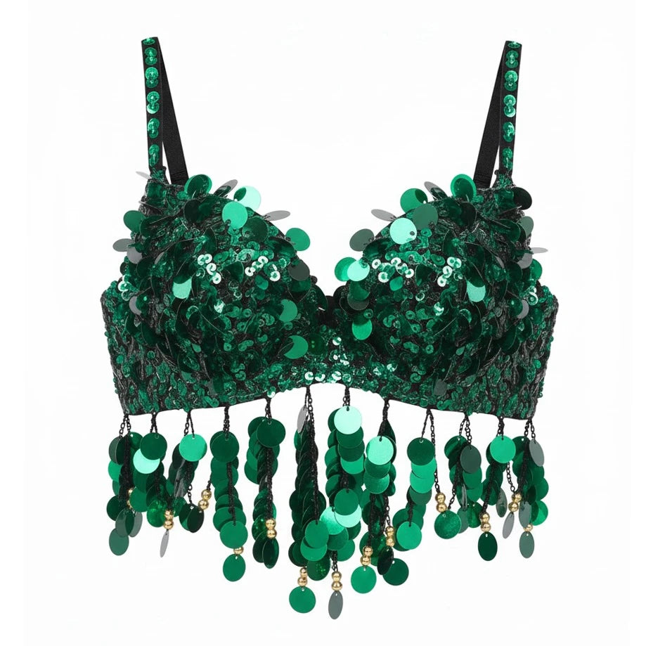 Tribal Belly Dance Bra | Coins & Rhinestones | Underwire | Red & Green