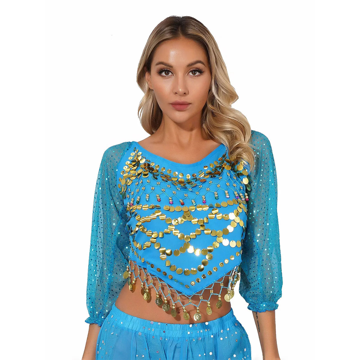 Sequined Belly Dance Crop Top | Coin & Bell Trim | Lace-Up Back