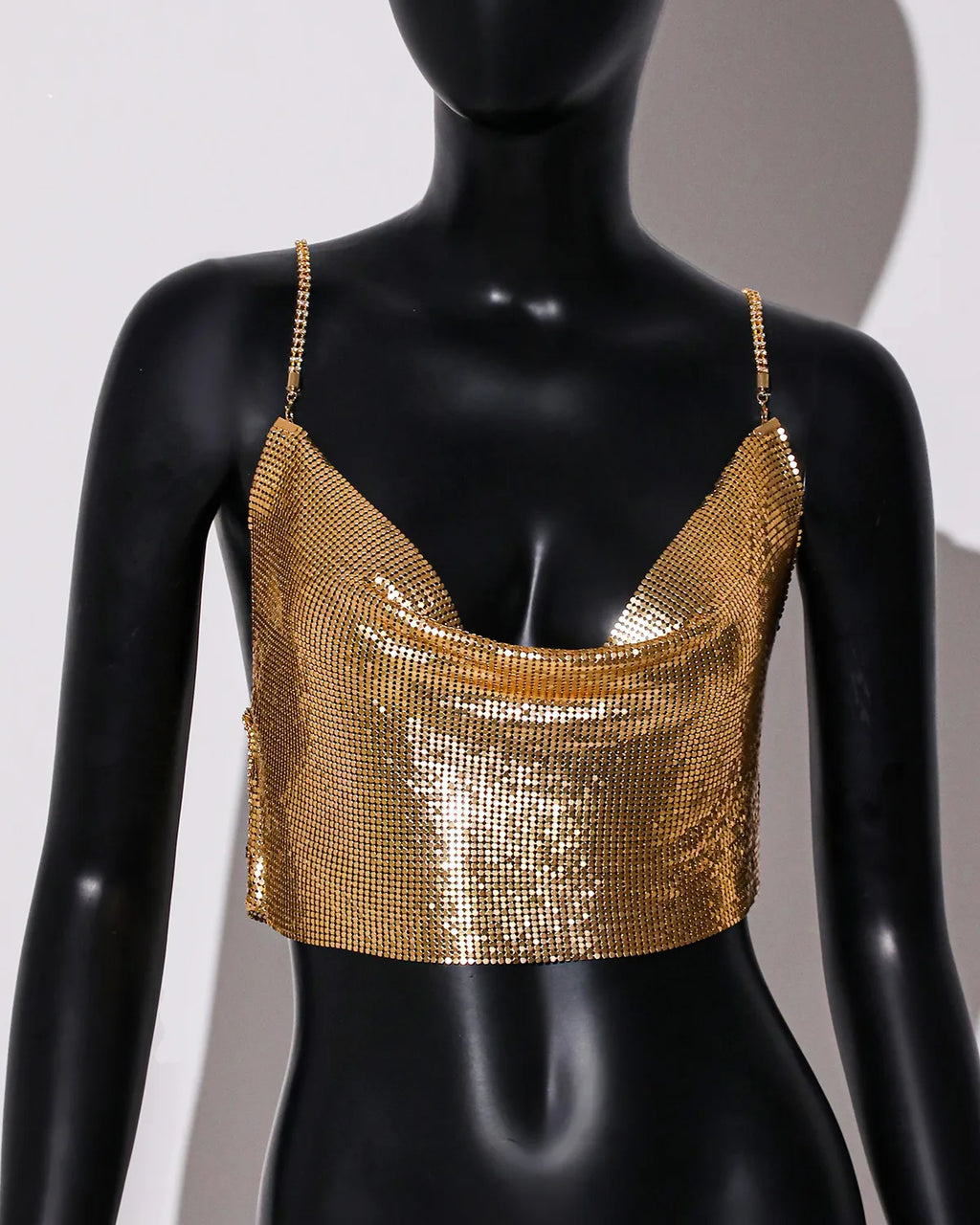 Metal Sequin Rhinestone Chain Crop Top - Deep V Backless Tank
