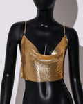 Metal Sequin Rhinestone Chain Crop Top - Deep V Backless Tank