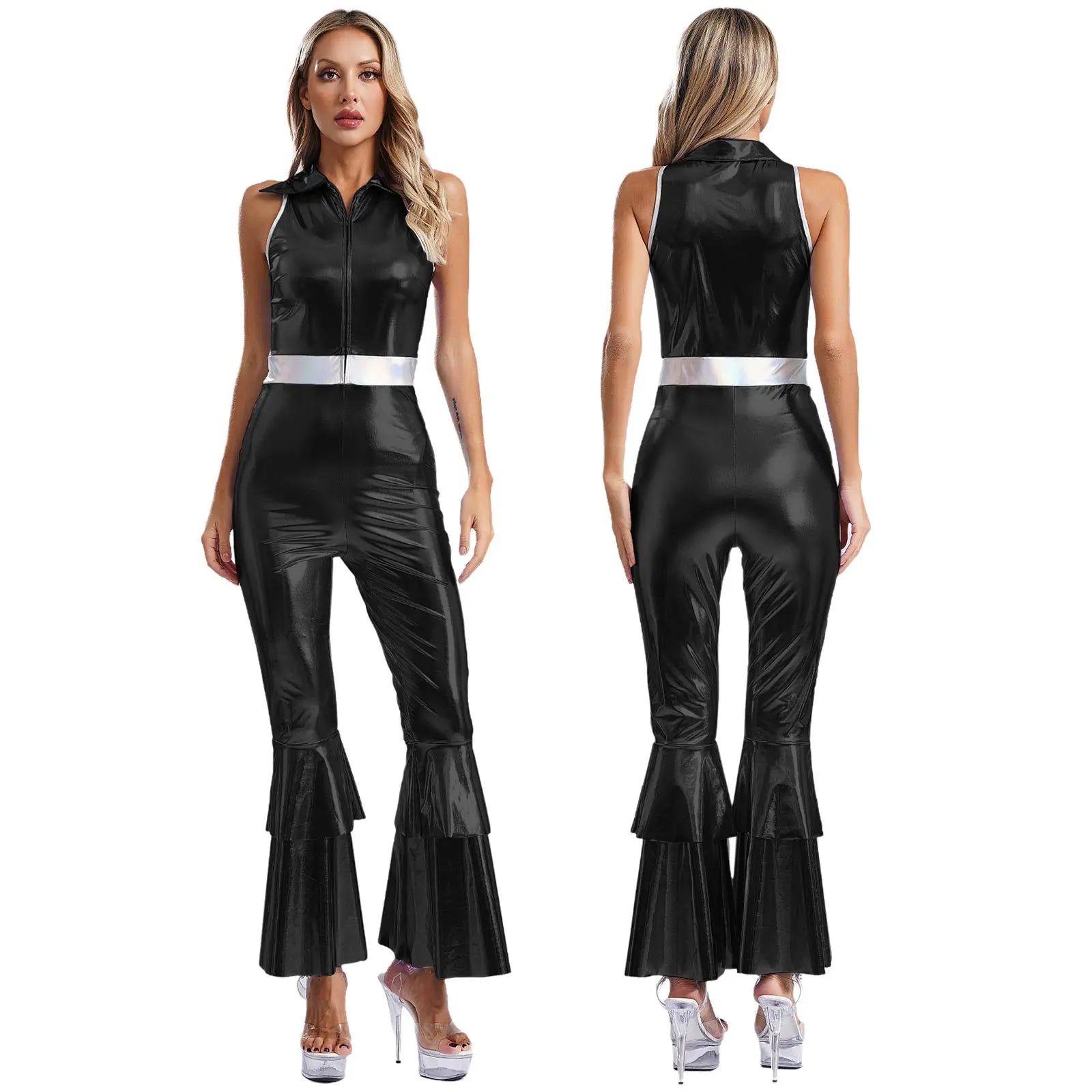 Women's Metallic Jumpsuit | Tiered Flare Sleeve | 70s Disco
