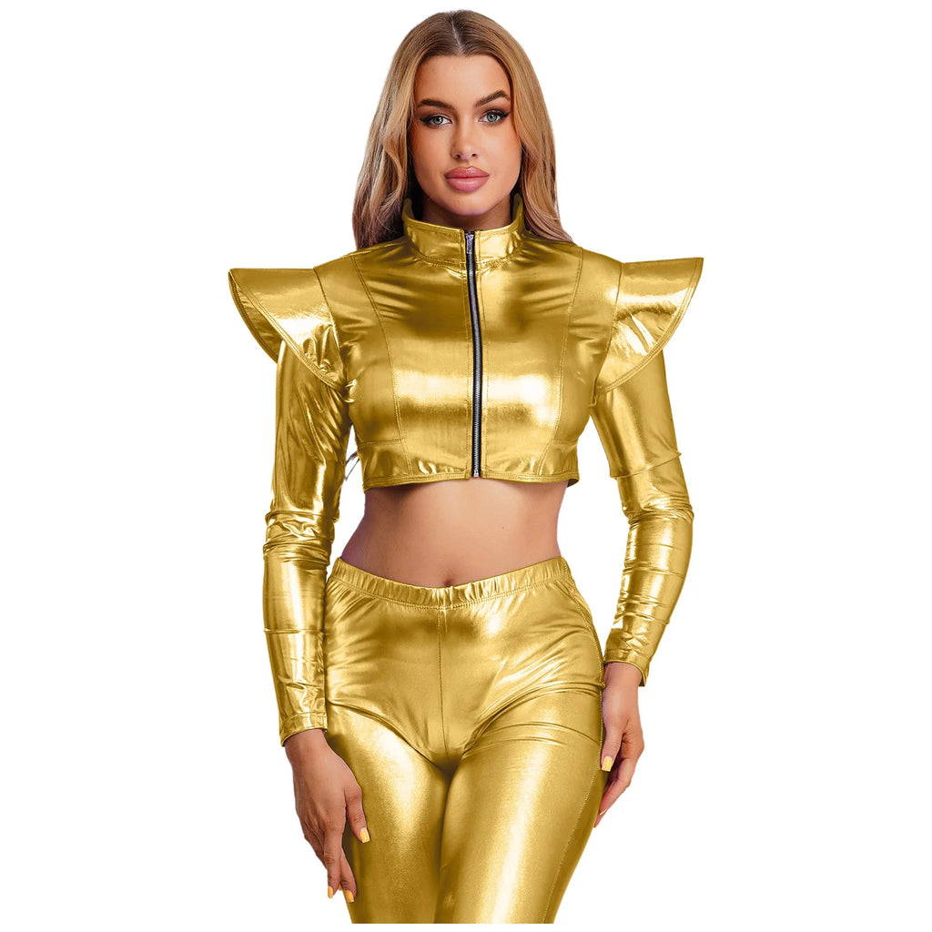 Metallic Ruffle Shoulder Crop Jacket | Zip Front | Rave & Stage Performance