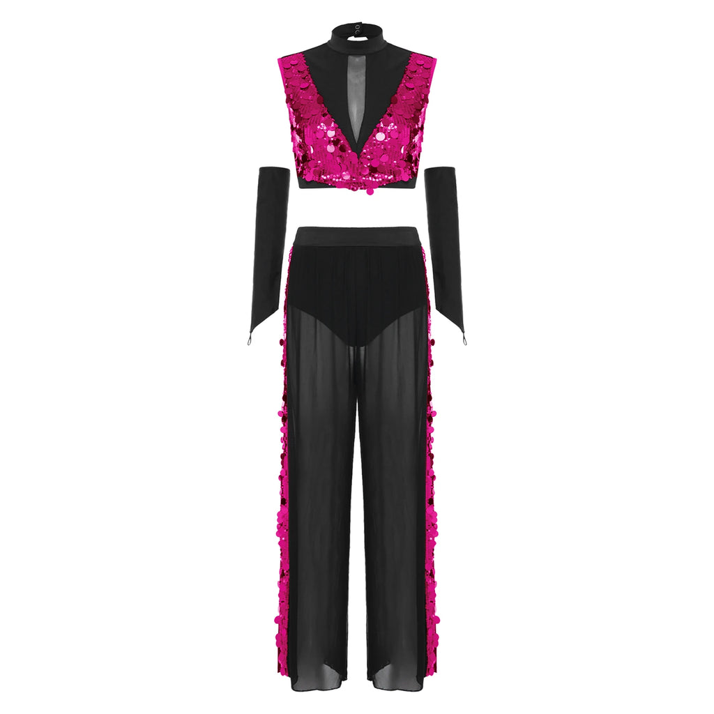 Sequin Crop Top, Mesh Pants & Gloves Set | Sleeveless Backless | Lyrical Stage Performance