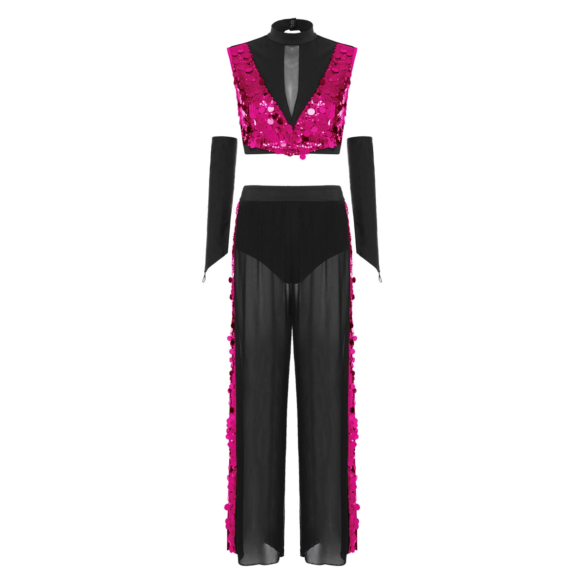 Sequin Crop Top, Mesh Pants & Gloves Set | Sleeveless Backless | Lyrical Stage Performance