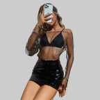 Rhinestone Fishnet Mini Dress - Backless Long Sleeve Cover Up