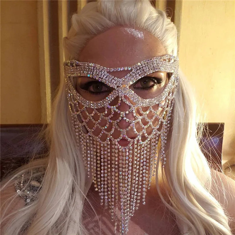 Rhinestone Chain Veil Mask | Crystal Face Jewelry | 15 Styles