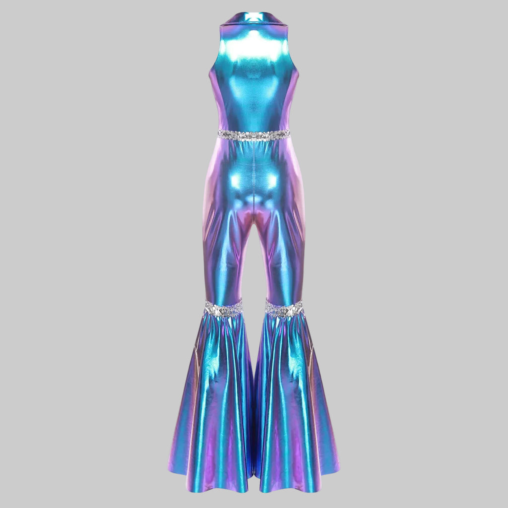 70s Disco Sequin Jumpsuit - Retro Bell Bottom Performance Romper