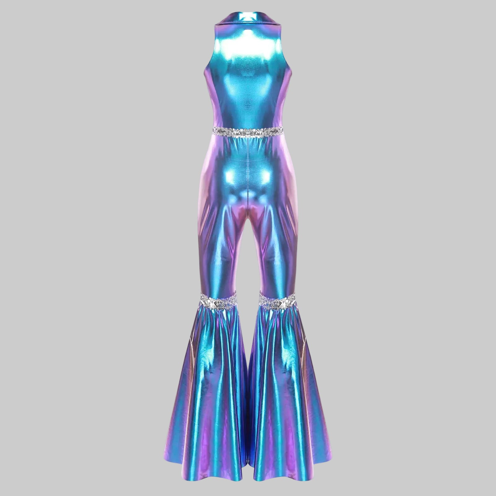 70s Disco Sequin Jumpsuit - Retro Bell Bottom Performance Romper