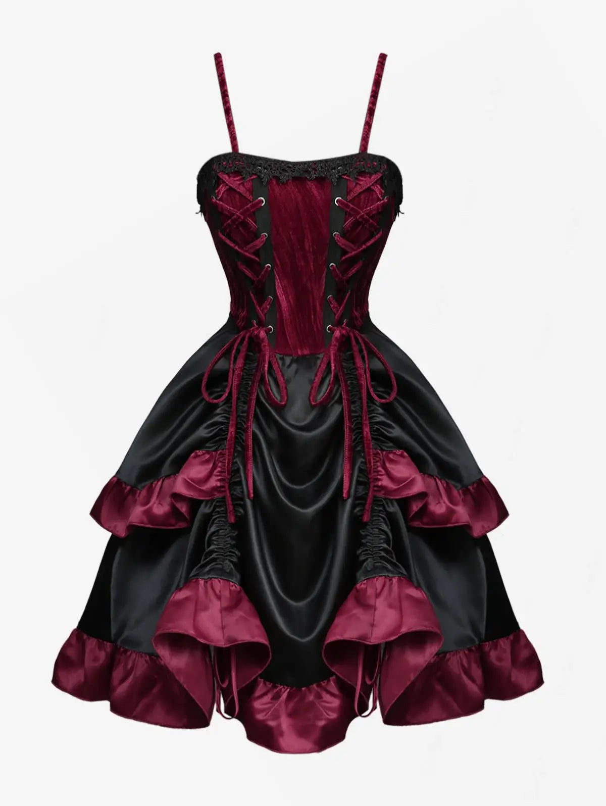 Gothic Ruffle Dress | Lace-Up Layered | Deep Red | S-XXXL