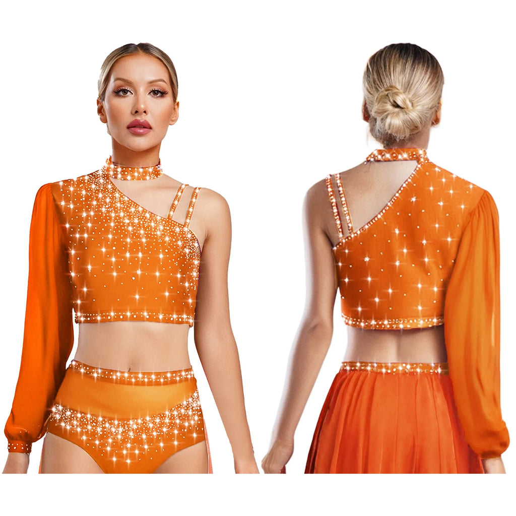 Rhinestone Asymmetric Dance Crop Top | One Mesh Sleeve | Latin Salsa Samba