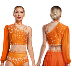 Rhinestone Asymmetric Dance Crop Top | One Mesh Sleeve | Latin Salsa Samba