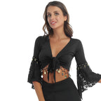 Coin & Bead Tassel Bolero | Bell Sleeve Belly Dance Shawl Top | 8 Colours | M–6XL
