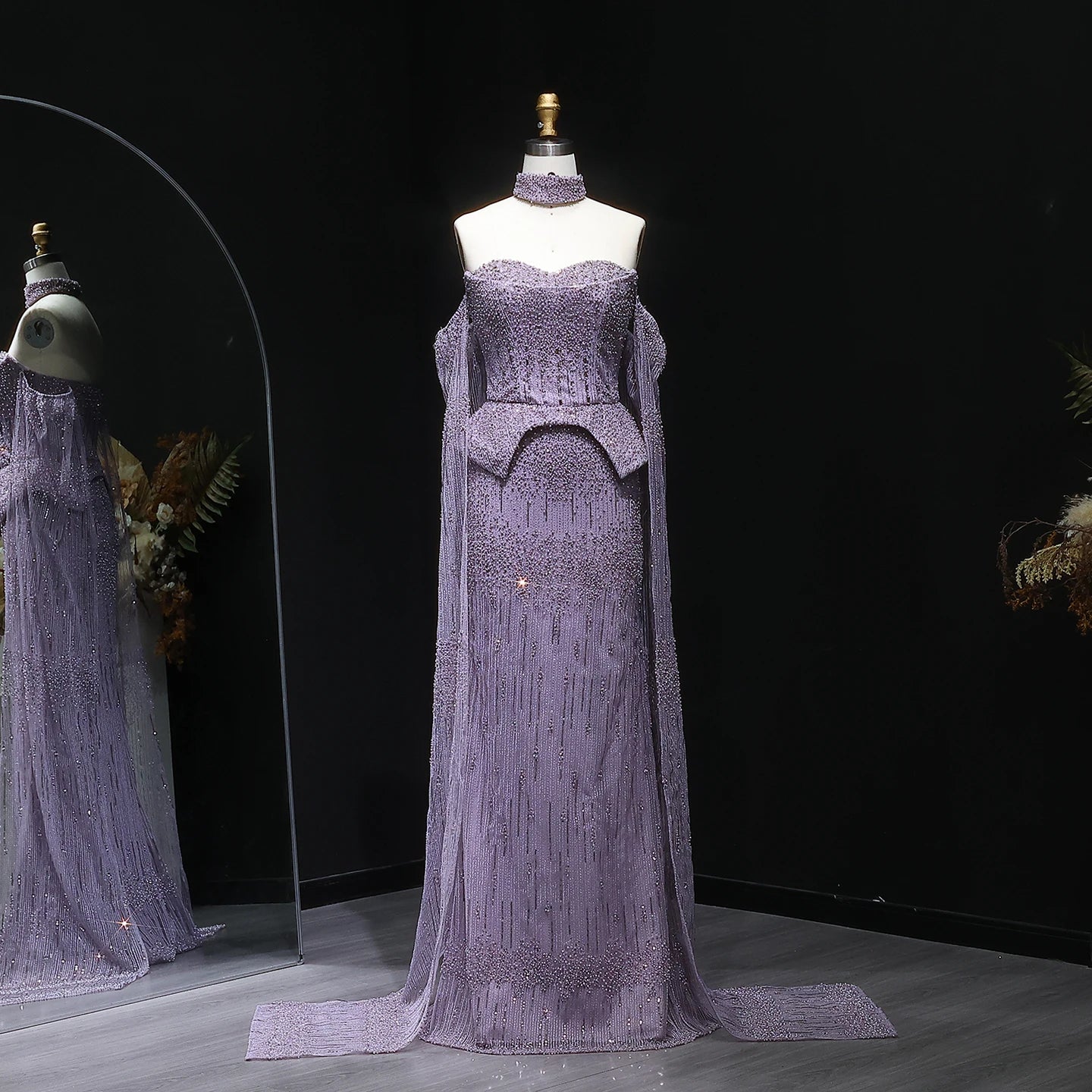 Crystal Beaded Long Sleeve Pageant Gown | Sweetheart | Silver, Gold & Lilac