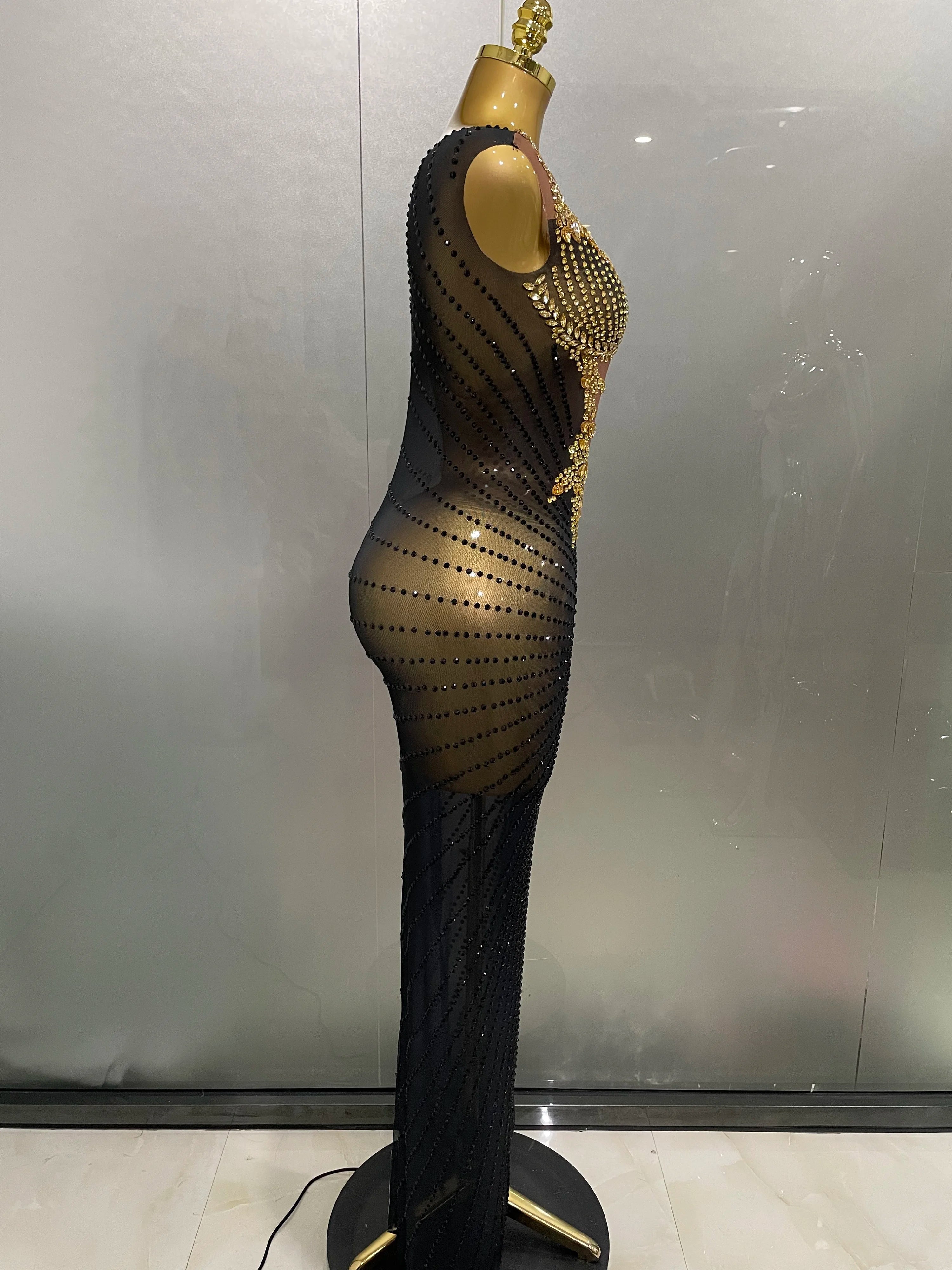 Gold Rhinestone Harness Gown | Sleeveless | Ankle-Length | Stage