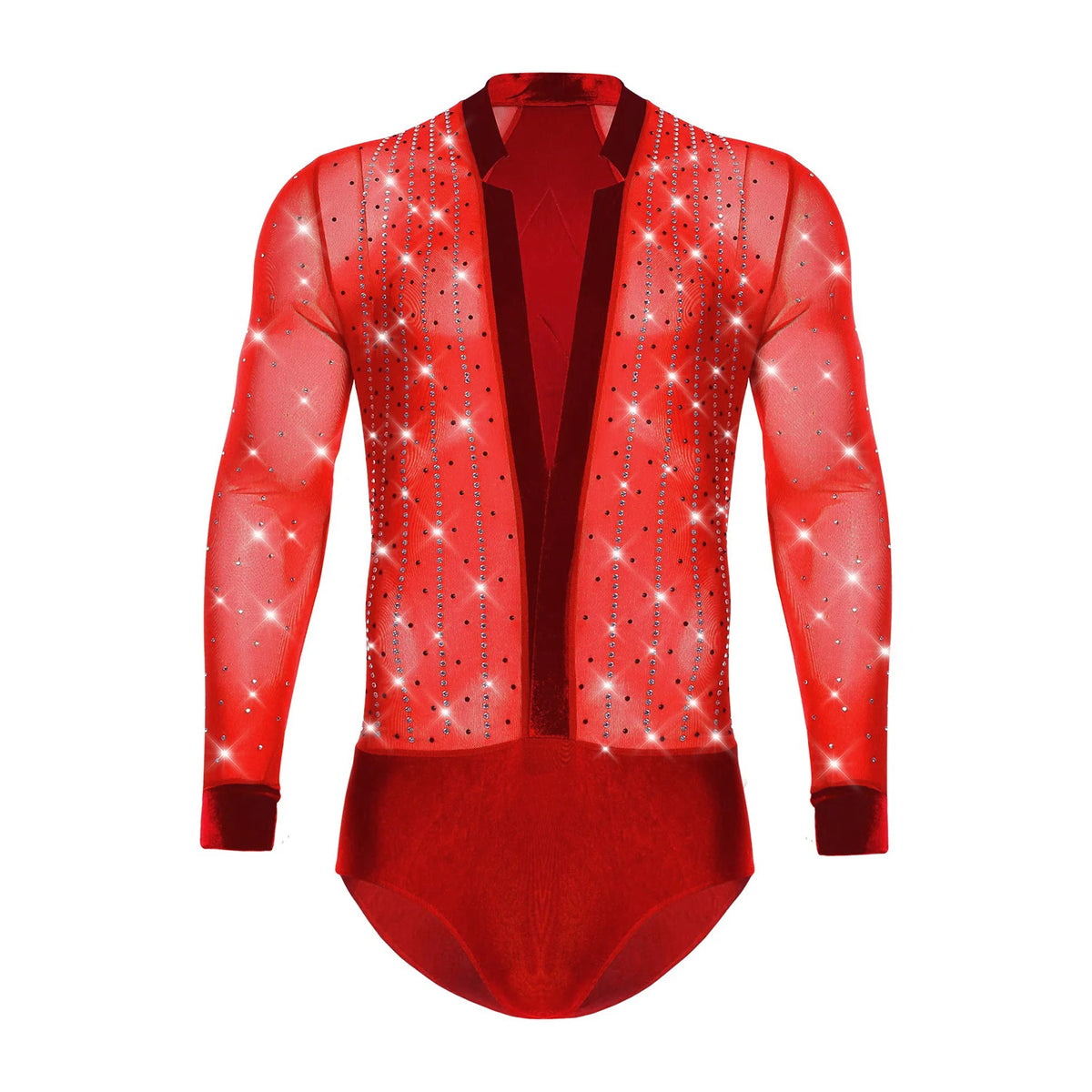 Men's Rhinestone Dance Leotard | Deep V-Neck & Velvet Mesh Patchwork | Long Sleeve