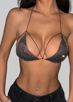 Rhinestone Fishnet Mesh Halter Bra Top