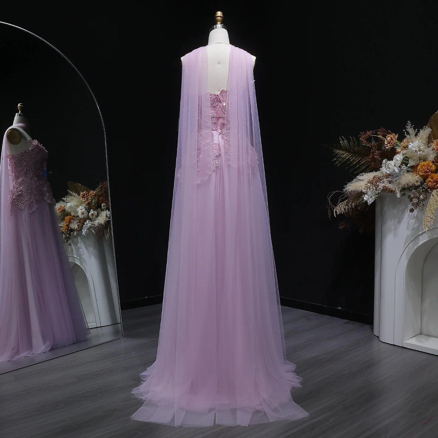 Appliqué Beaded A-Line Gown | Strapless | Scarf Overlay