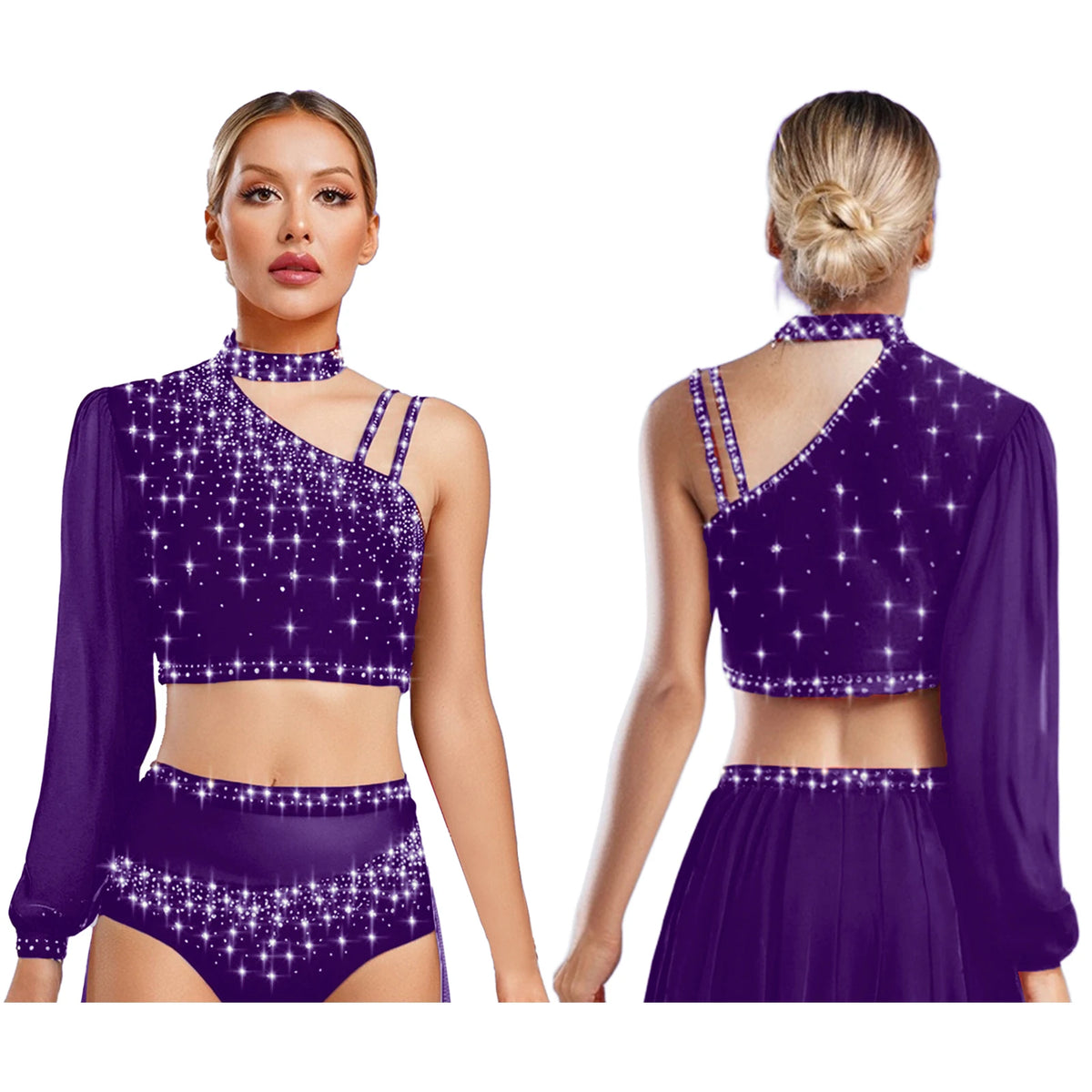 Rhinestone Asymmetric Dance Crop Top | One Mesh Sleeve | Latin Salsa Samba