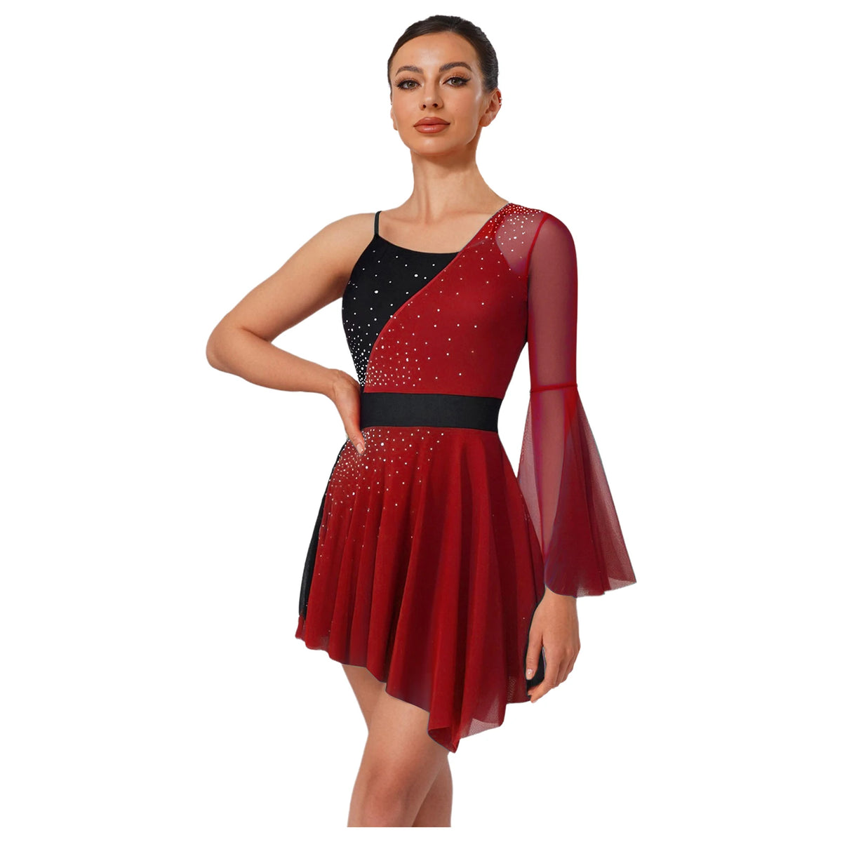 Women's Color-Block Flare Sleeve Dance Dress | Asymmetric Mesh Hem & Built-In Briefs