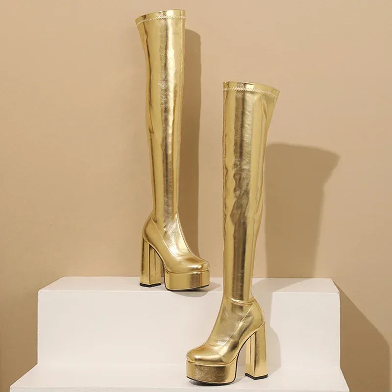 Thigh-High Platform Boots | Metallic Stretch