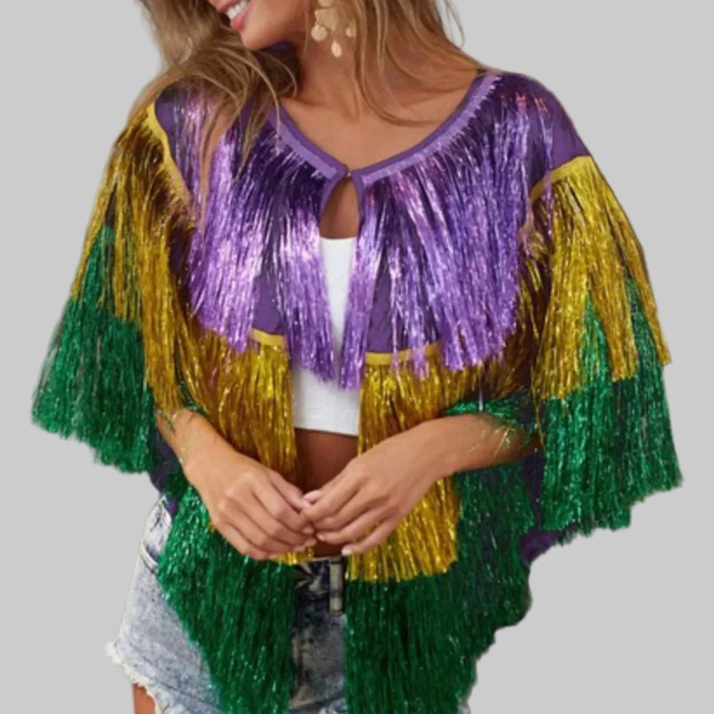 Dazzling Mardi Gras Sequin Fringe Poncho Top & Skirt Set - Stage & Festival Wear