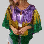 Dazzling Mardi Gras Sequin Fringe Poncho Top & Skirt Set - Stage & Festival Wear