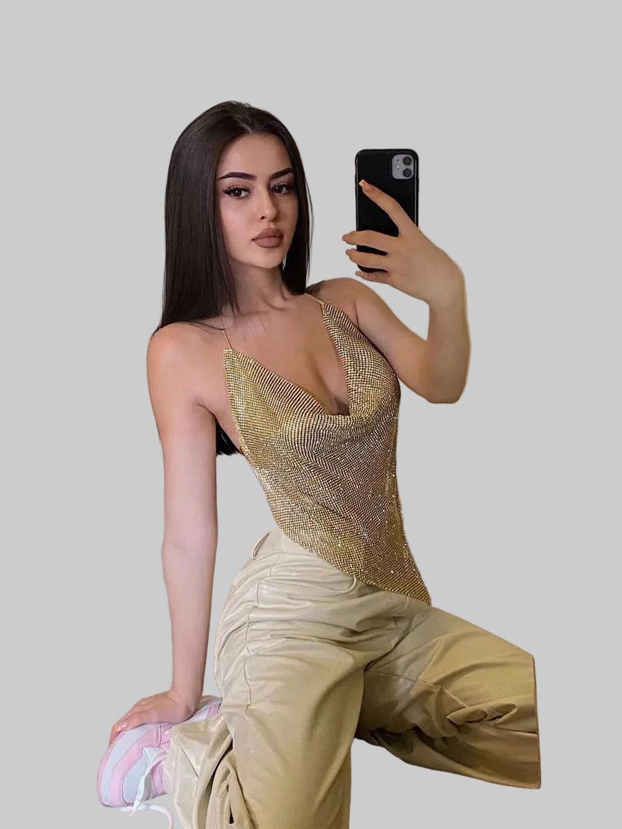 Rhinestone Backless Camisole Crop Top - Deep V-Neck Glitter Tank