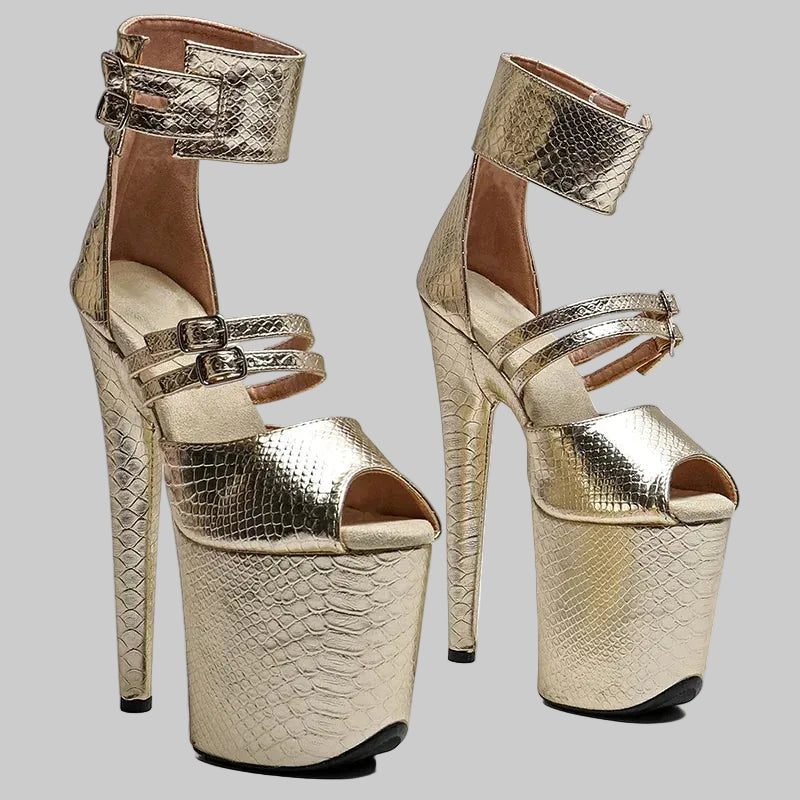 8-Inch Snakeskin Open Toe Platform Heels - Exotic Pole Dance Sandals