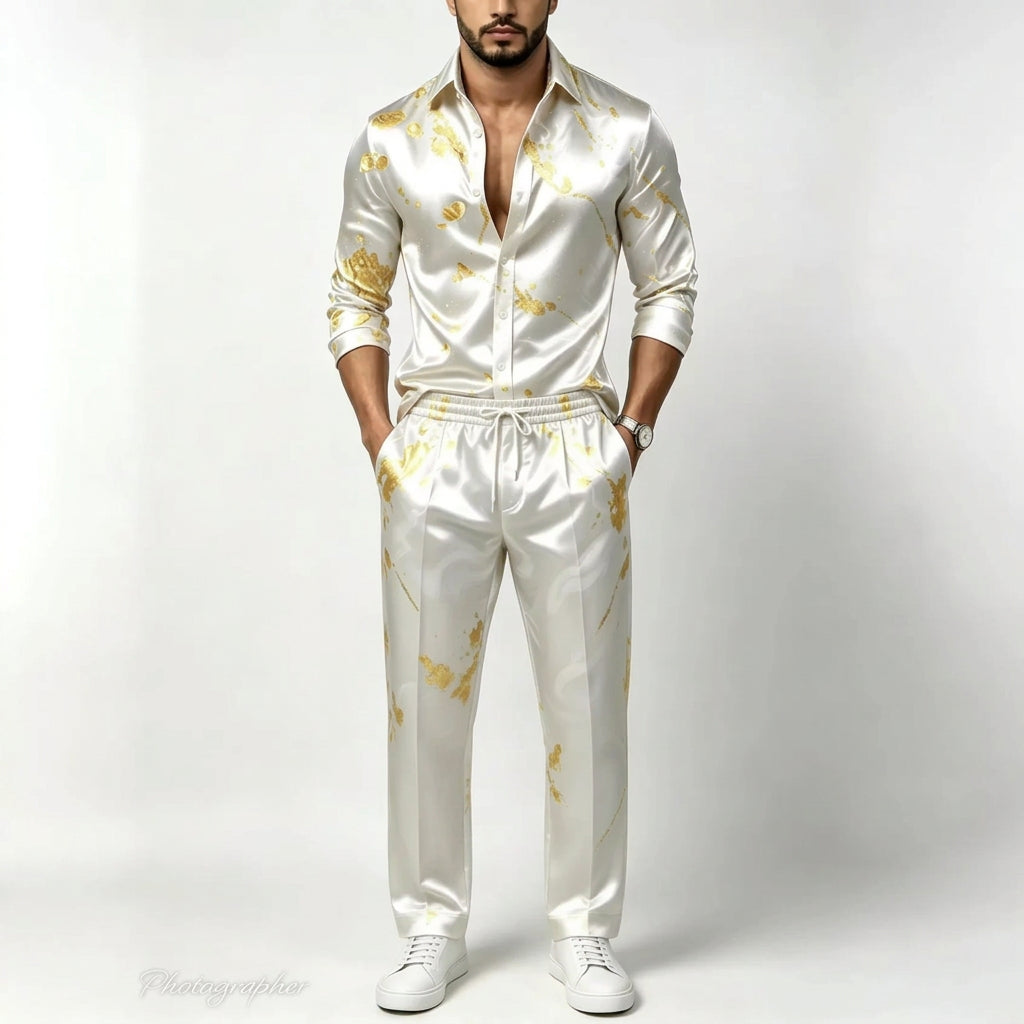 Men's Satin Shirt & Pants Set | Metallic Gold Print | Stage & Party