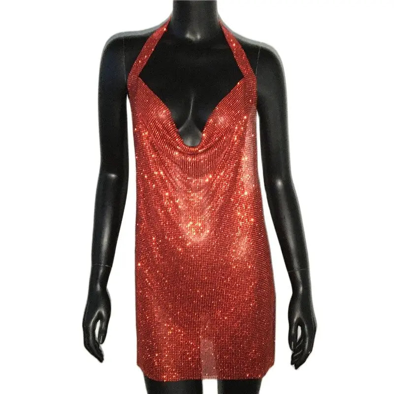 Crystal Rhinestone Halter Mini Dress - Backless Metal Mesh Cocktail Dress
