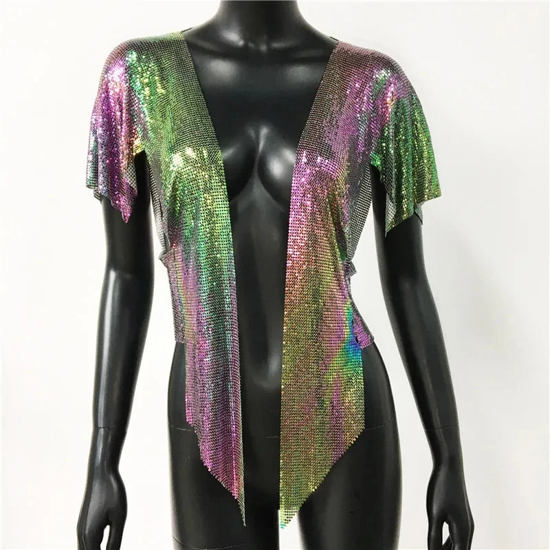 Metal Sequin Crop Cardigan - V-Neck Festival Performance Top
