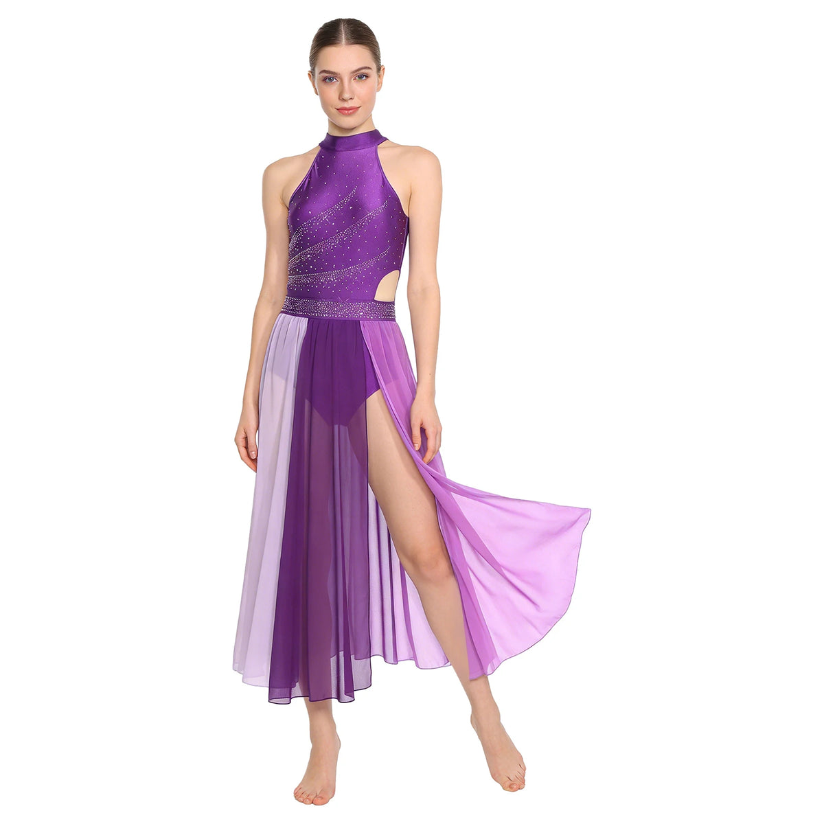 Rhinestone Lyrical Dress | Color-Block | Side Split | Mesh