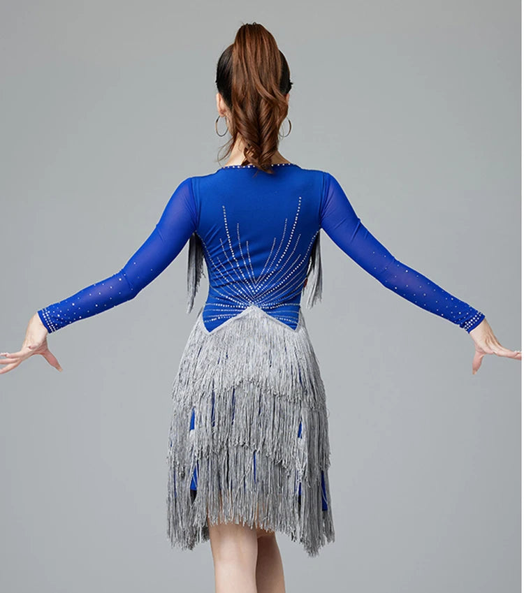 Latin Dance Dress | Long Sleeve Fringe | Rhinestone | with Panties
