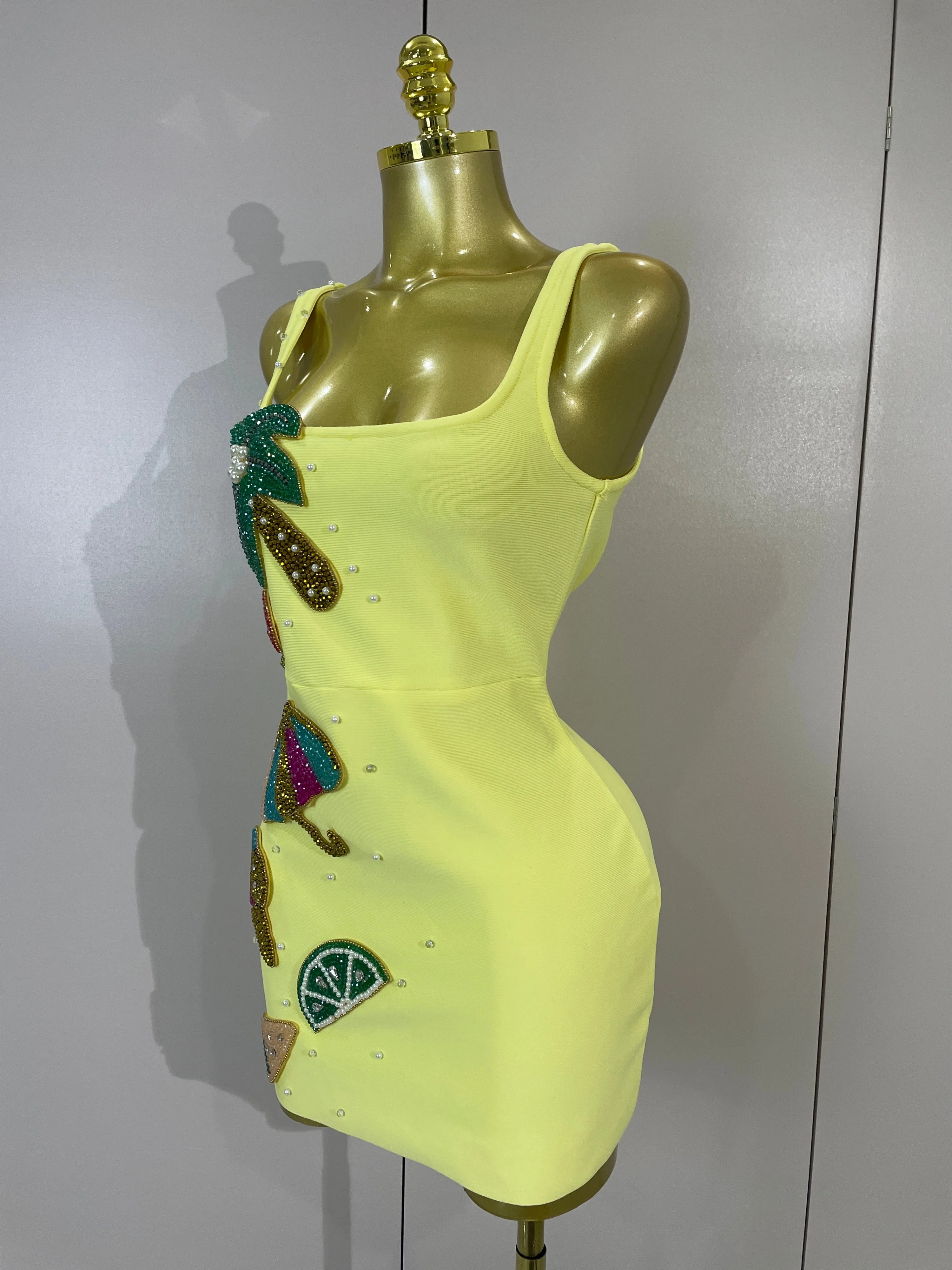 Tropical Fruit Appliqué Bodycon Mini Dress | Square Neck | Stage