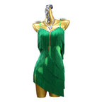 Green Latin Samba Fringe Dance Dress – Rhinestone Tassel Stage Costume