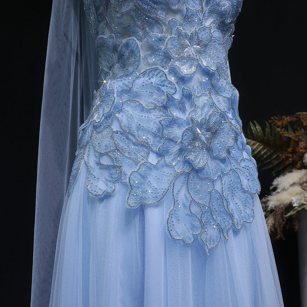 Appliqué Beaded A-Line Gown | Strapless | Scarf Overlay