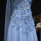 Appliqué Beaded A-Line Gown | Strapless | Scarf Overlay