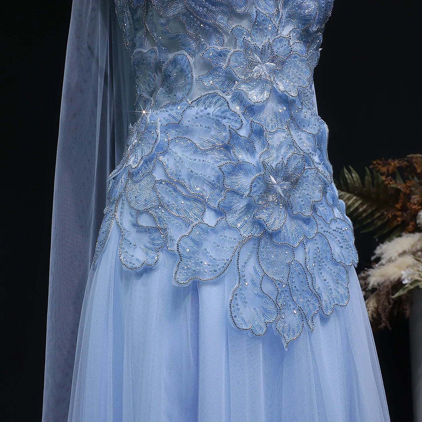 Appliqué Beaded A-Line Gown | Strapless | Scarf Overlay
