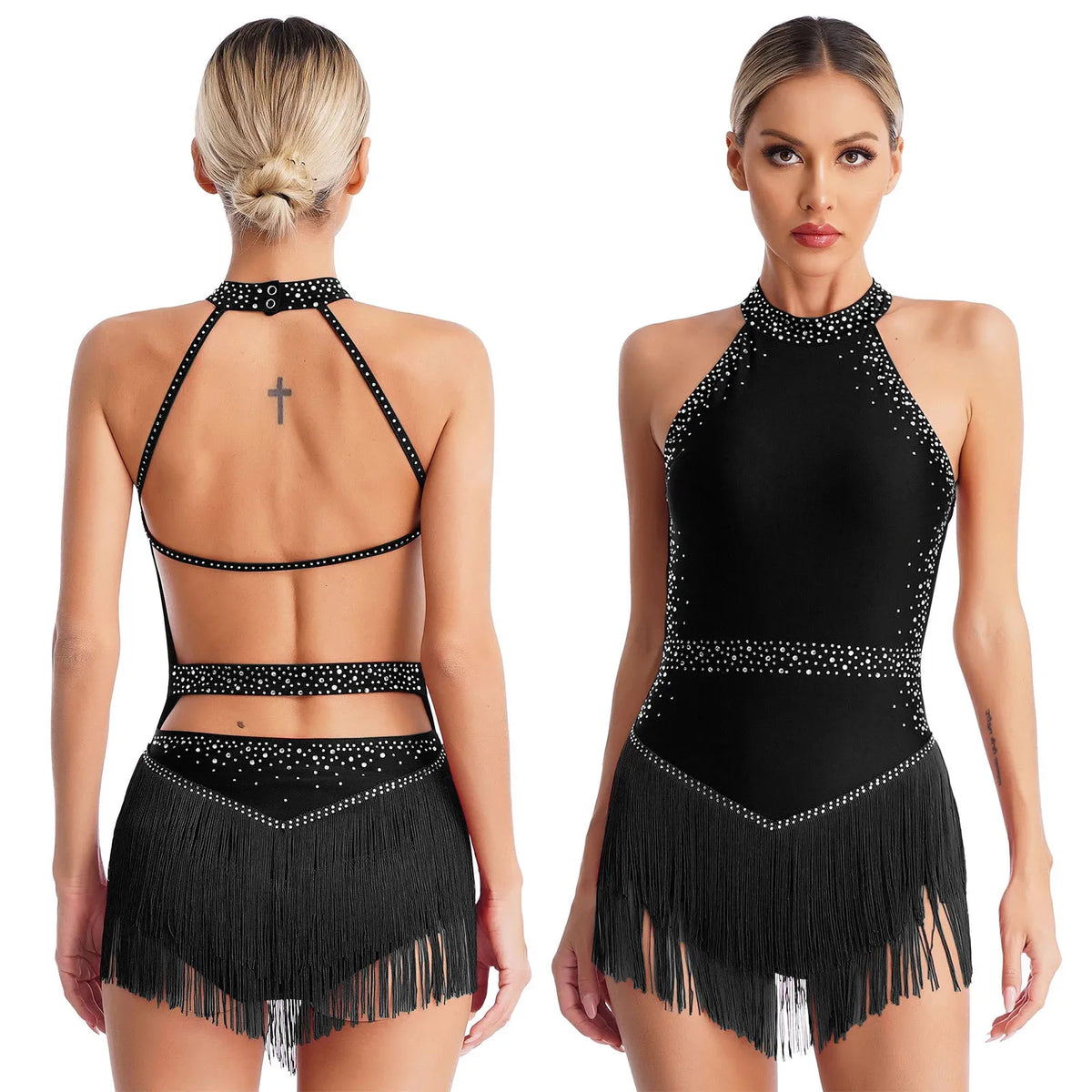 Rhinestone Tassel Latin Leotard | Halter Neck | Backless | Fringe Skirt