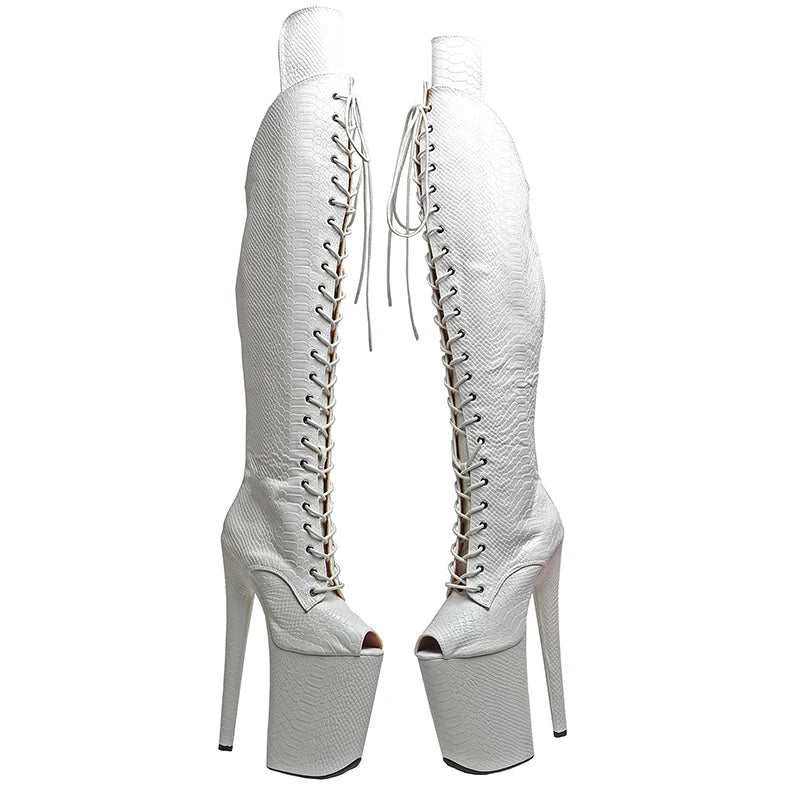 9-Inch Snake Print Thigh-High Boots - Open Toe Platform Dance Boots