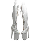 9-Inch Snake Print Thigh-High Boots - Open Toe Platform Dance Boots