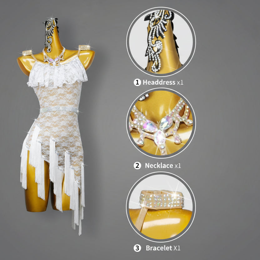 Rhinestone Lace Latin Dance Dress – Tassel & Sash Performance Gown