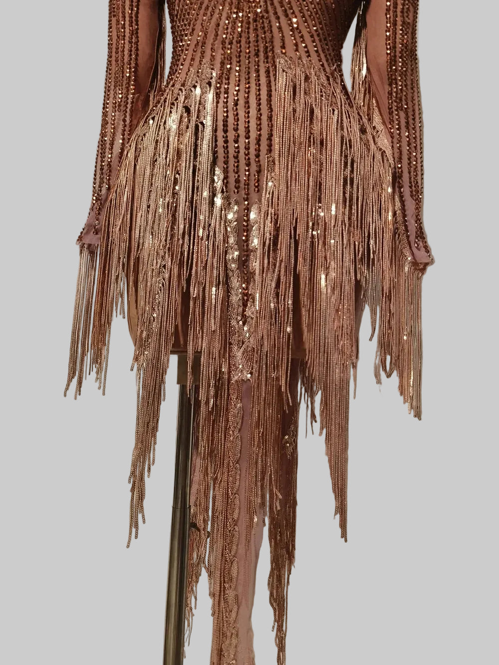 Gold Rhinestone Tassel Dress - Sheer Mesh Performance Costume for Dancers & Celebrations