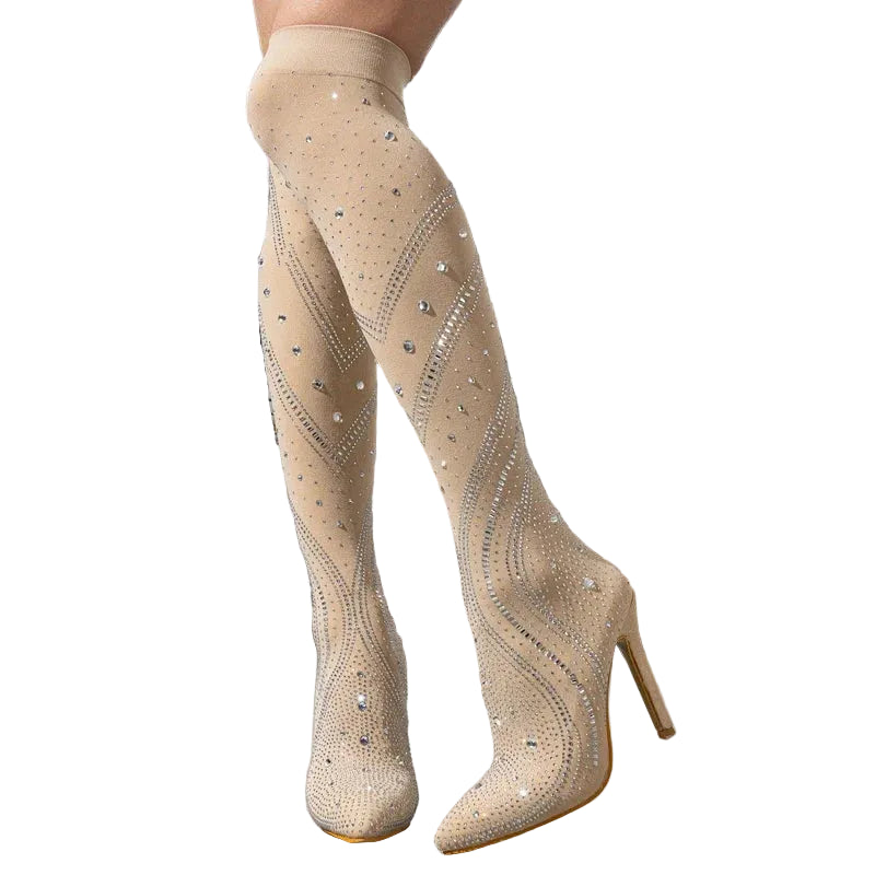 Crystal Diamond Stretch OTK Boots | Stiletto | 11.5cm Heel