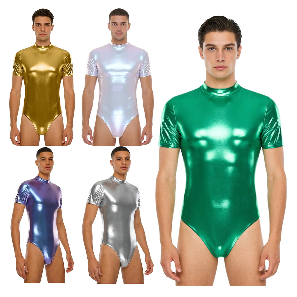 Men's Metallic Dance Bodysuit | Short Sleeve Mock Neck | Back Zipper | Stage Performance