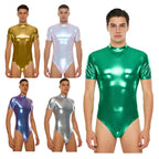 Men's Metallic Dance Bodysuit | Short Sleeve Mock Neck | Back Zipper | Stage Performance