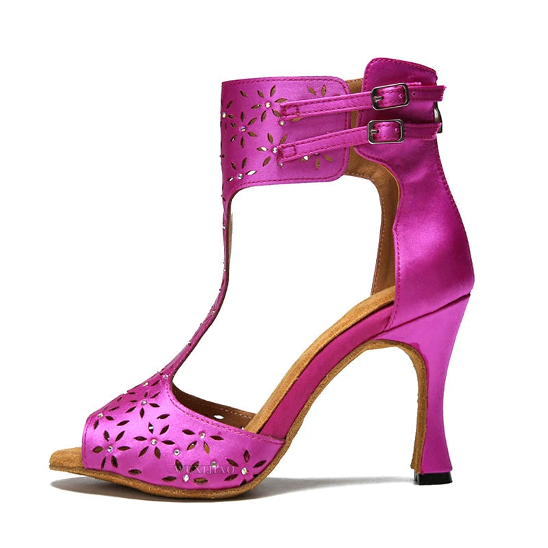 Purple Satin Latin Dance Shoes | Peep Toe | Lace-Up Heel