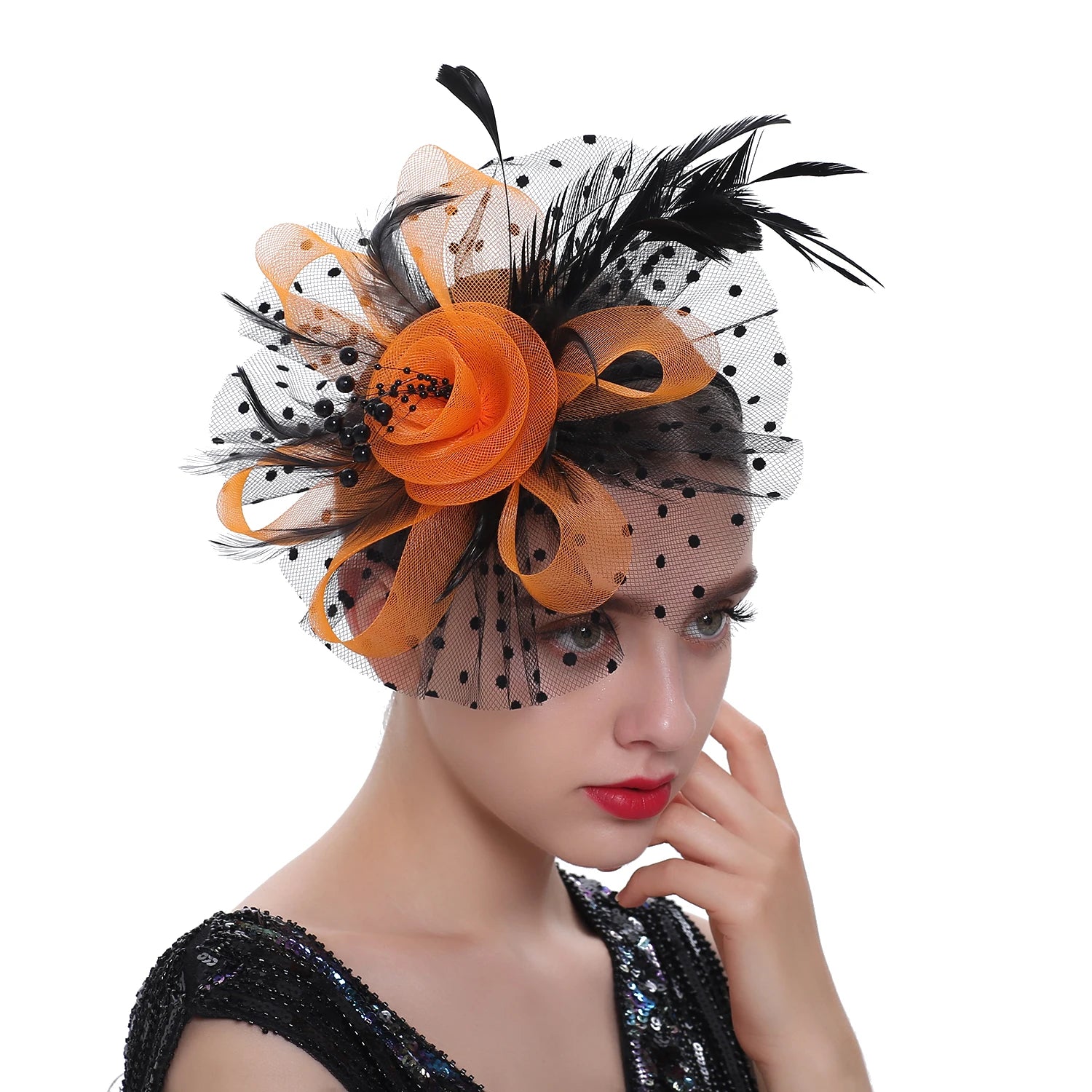 Feather Flower Fascinator Hat | Floral Mesh Headband | 36 Colors